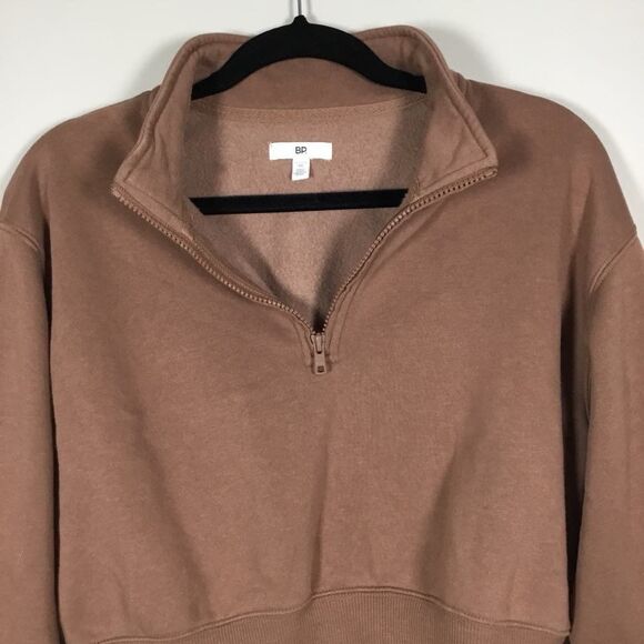 BP Brown Preppy Minimalist Neutral Clean Girl Cropped Collared Sweatshirt M - Picture 2 of 9